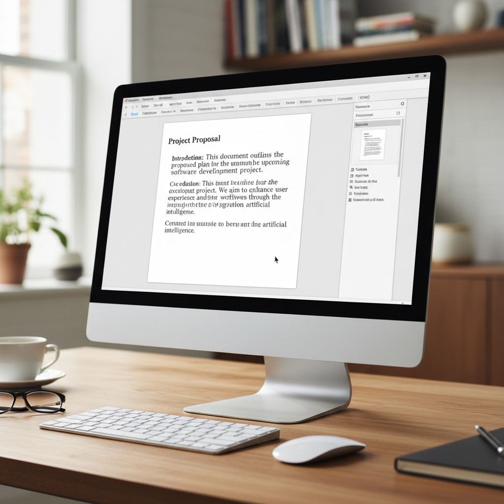 A computer monitor displays a project proposal document on a desk in a bright office.