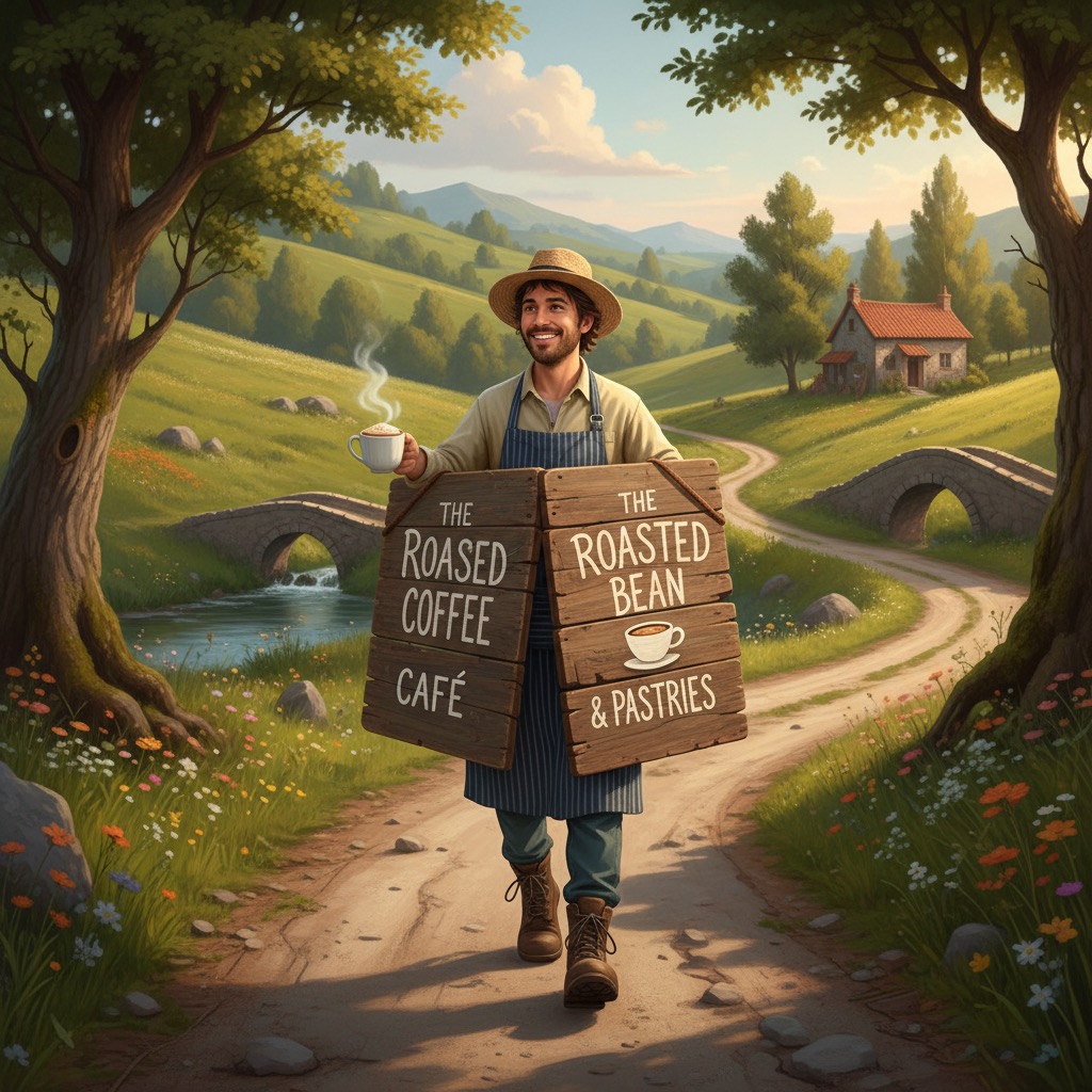 A smiling man wearing a straw hat and apron walks along a country path carrying a wooden sign that advertises The Roasted Bean coffee and pastries.