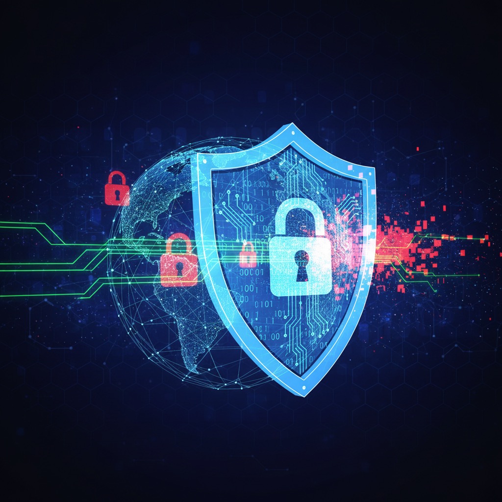 A glowing blue shield with a padlock icon protects a digital globe against a backdrop of circuit lines and binary code.