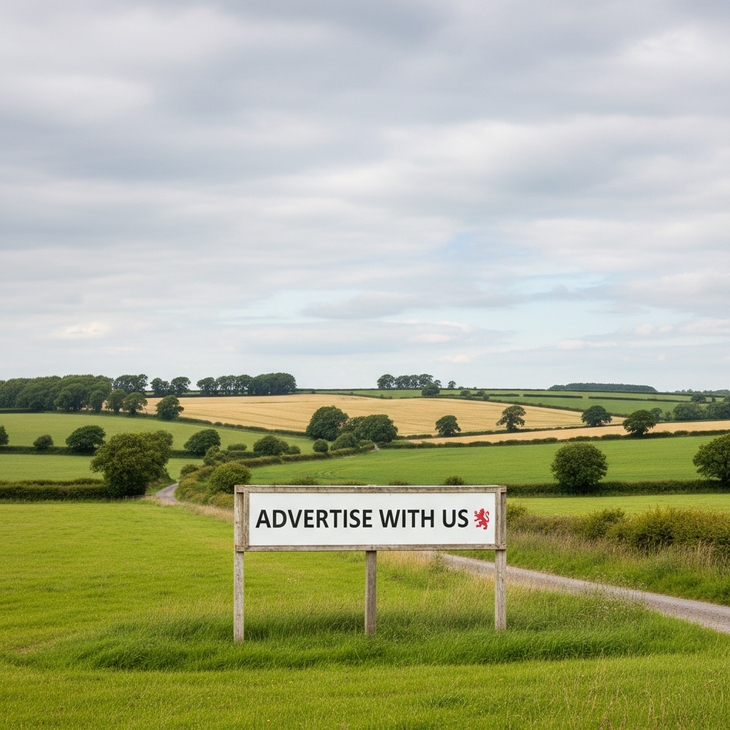 A sign reading "ADVERTISE WITH US" stands in a green field overlooking a rolling rural landscape.