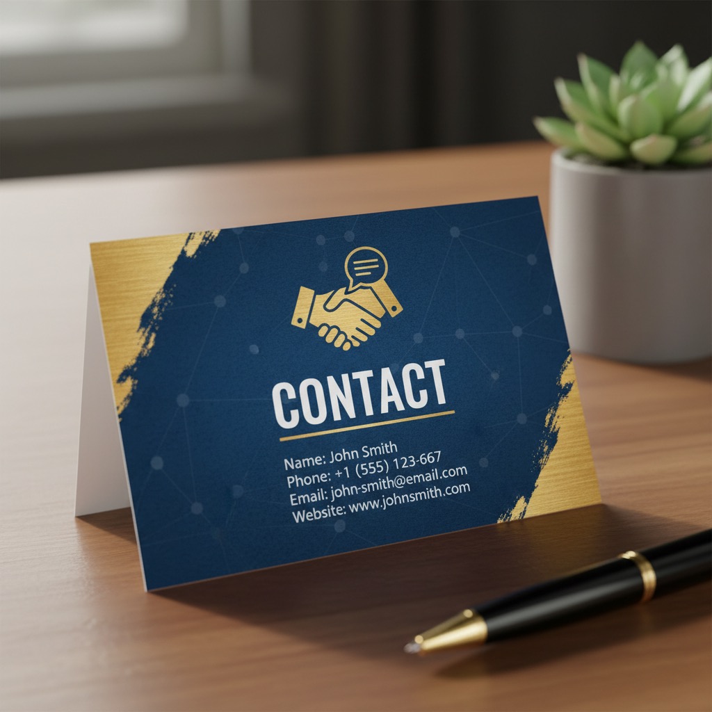 A blue and gold contact card with a handshake icon sits on a wooden desk next to a pen and a small potted plant.